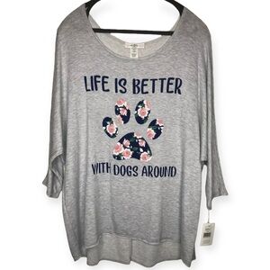 Moa Moa LIFE IS BETTER DOG 2X 3X Floral Paw Top Dolman Sleeve Relaxed Plus